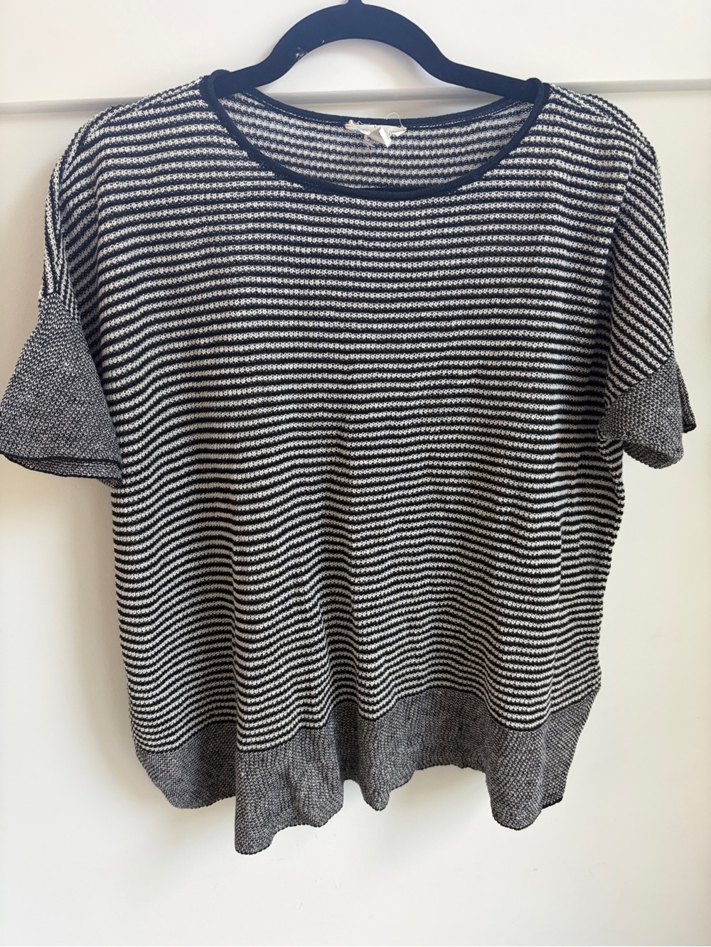 Eileen Fisher Black and White Striped Short-Sleeve Knit Top - Medium
